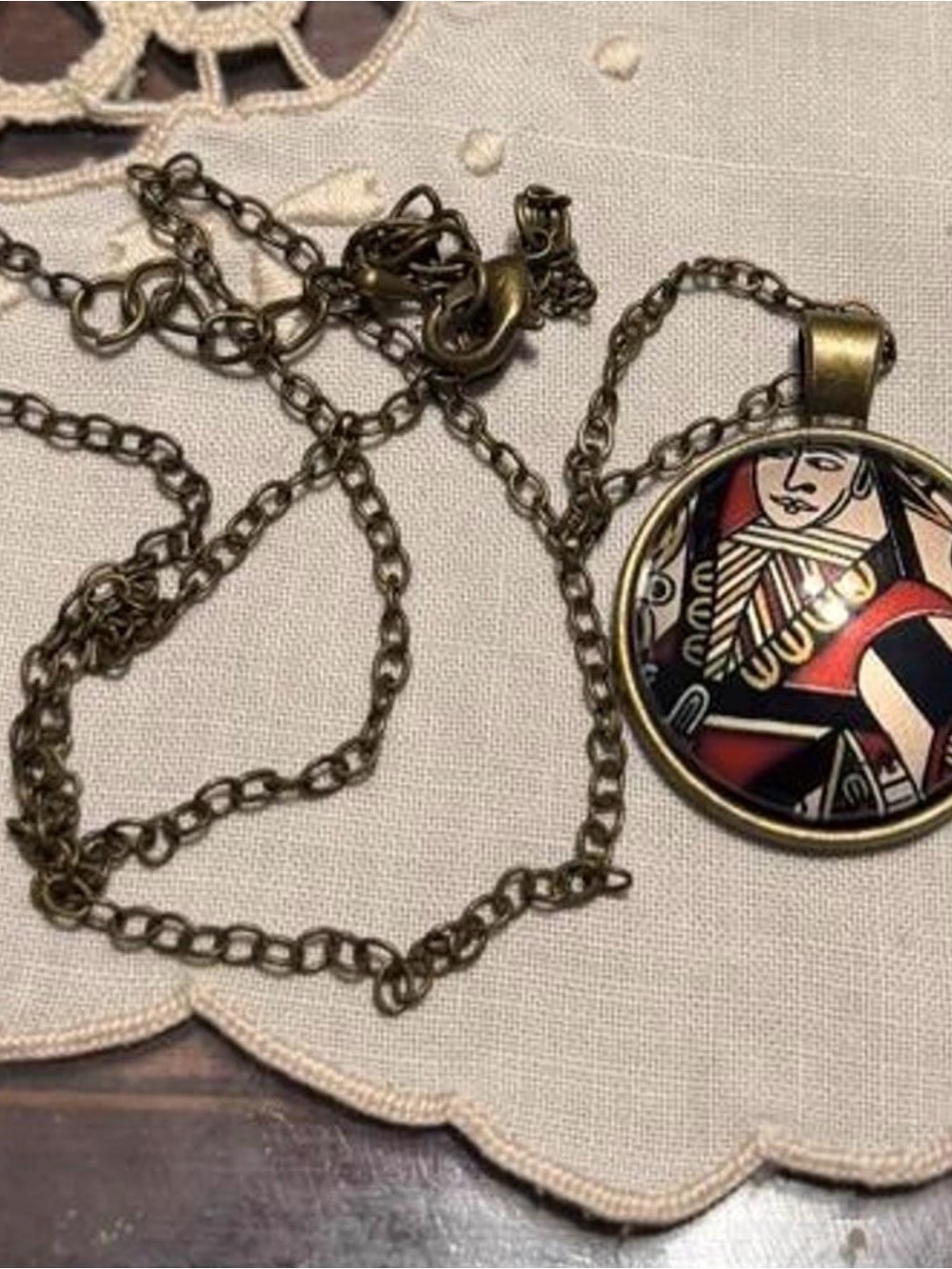 Antique look Brass Playing Card Queen Pendant Necklace -